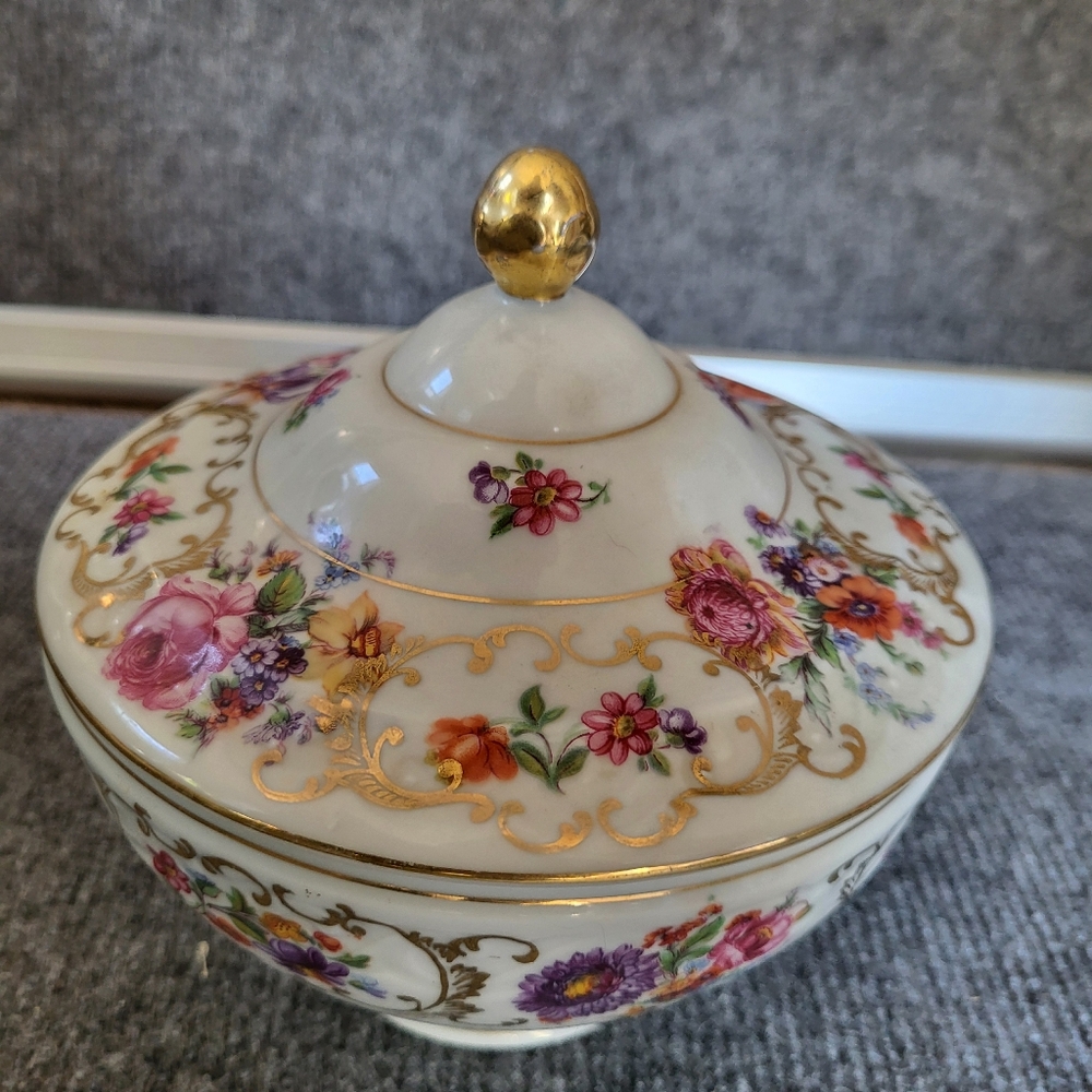 Vintage victoria Floral Porcelain Trinket Box with Gold Accents